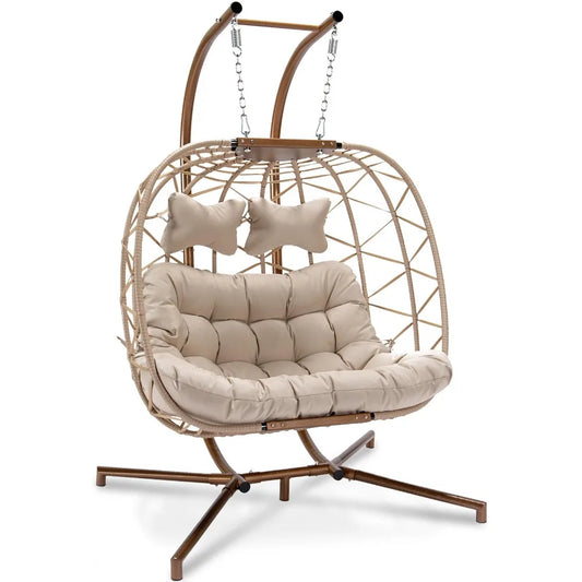 2 Person Wicker Swing Double Egg Chair with Stand, Cushion and Pillow
